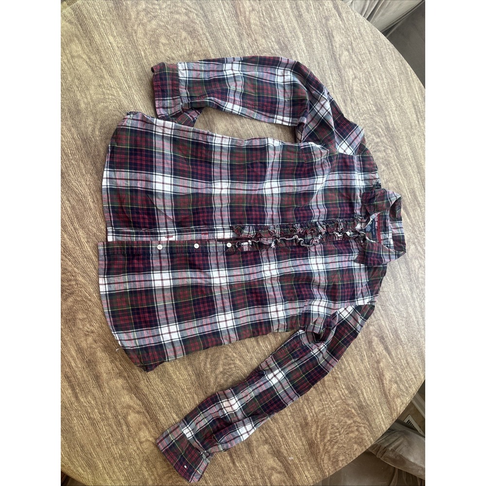 Tommy Hilfiger Women's Medium Plaid  Ruffle Button Shirt Long Sleeve Multicolor
